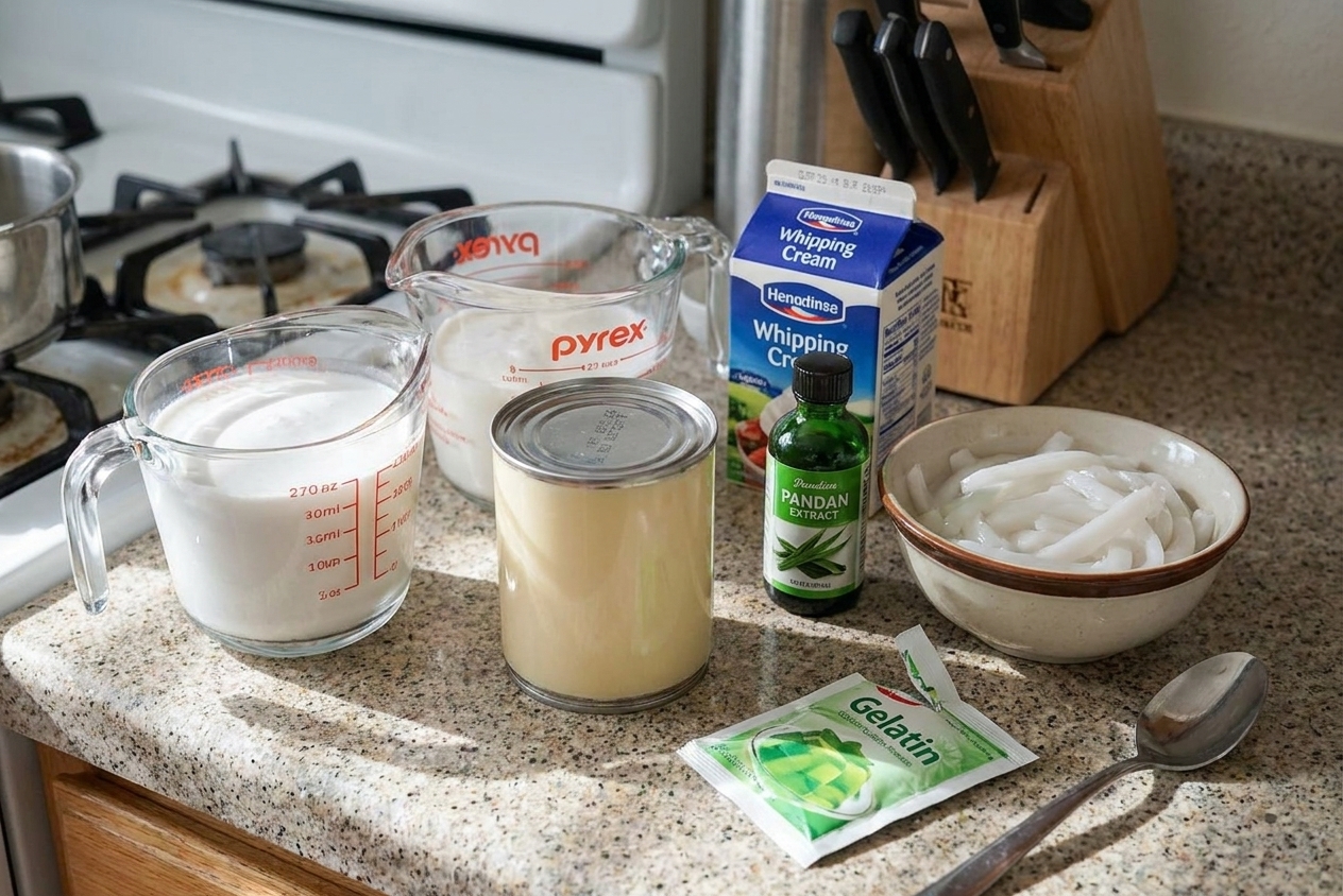 Measured ingredients for buko pandan on a kitchen counter including coconut milk, sweetened condensed milk, whipping cream, pandan extract, young coconut strips, and green gelatin powder