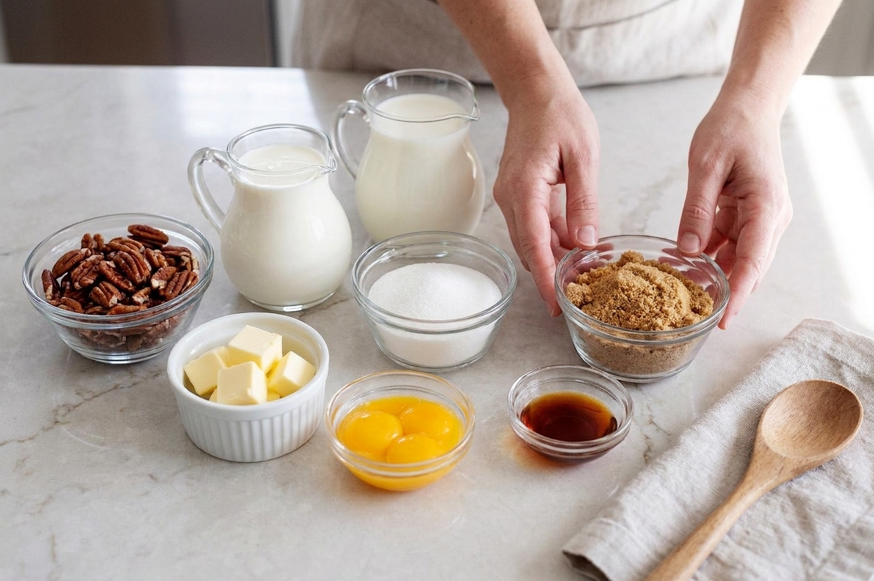 Measured ingredients for butter pecan ice cream on a kitchen counter including pecans, butter, cream, milk, sugar, egg yolks, vanilla, and brown sugar