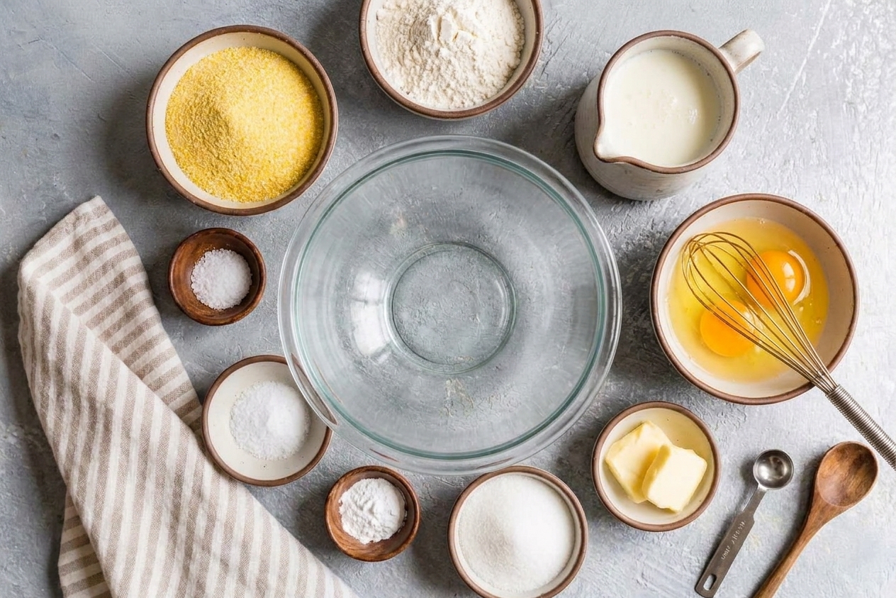 Measured ingredients for buttermilk cornbread on a kitchen counter, including cornmeal, flour, buttermilk, eggs, butter, sugar, baking powder, and salt in small bowls
