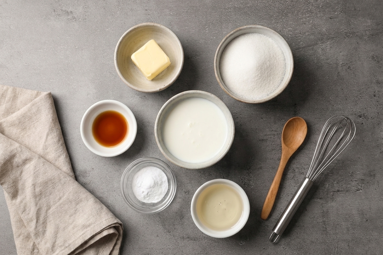 Measured ingredients for buttermilk syrup including butter, sugar, buttermilk, vanilla, baking soda, and corn syrup arranged on a clean kitchen counter in small bowls