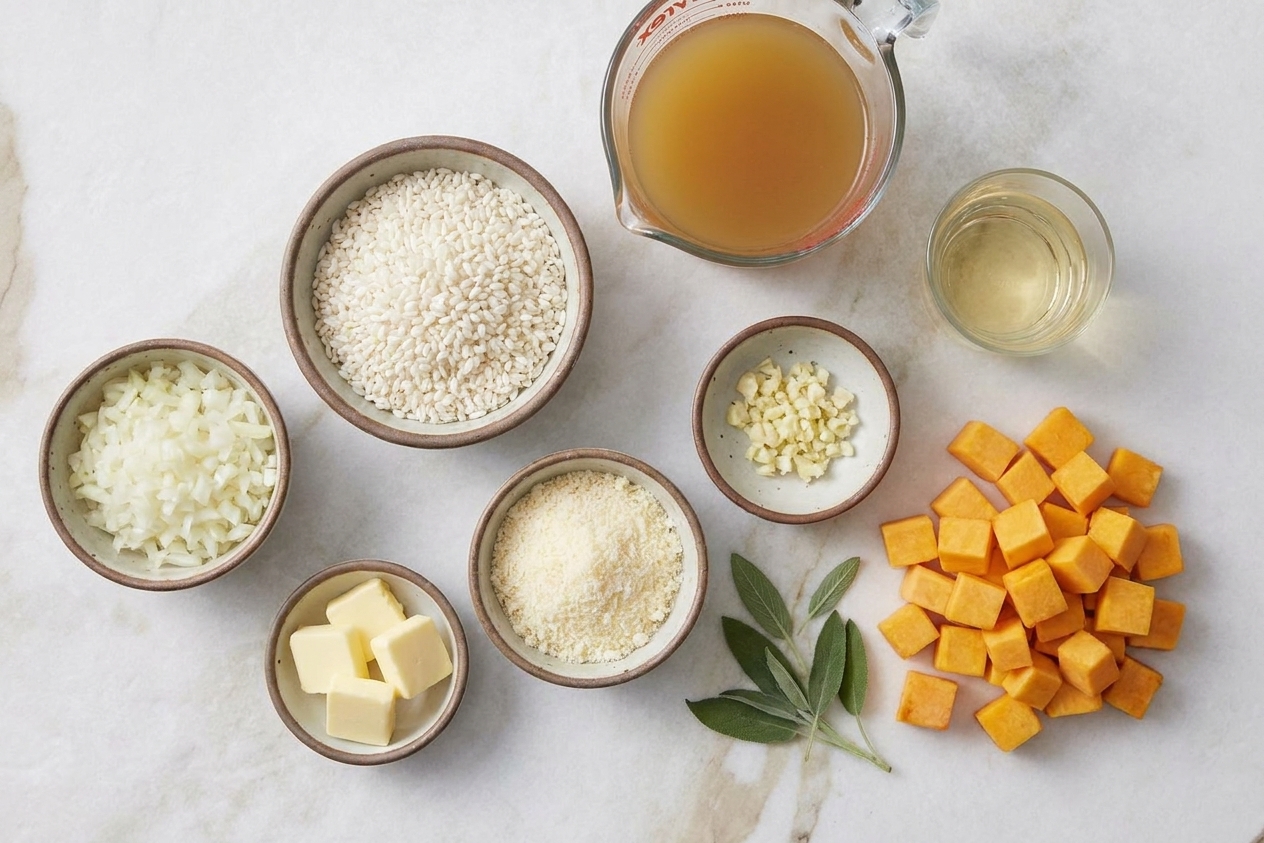 Measured ingredients for butternut squash risotto including cubed squash, chopped onion, garlic, arborio rice, broth, white wine, Parmesan, butter, and fresh sage on a kitchen counter