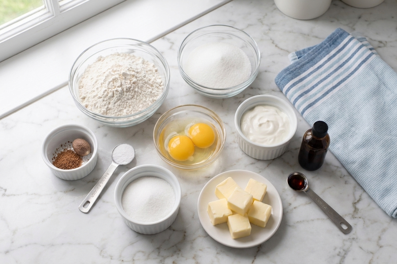 Measured ingredients for cake donuts including flour, sugar, nutmeg, eggs, sour cream, butter, baking powder, and vanilla arranged on a kitchen counter