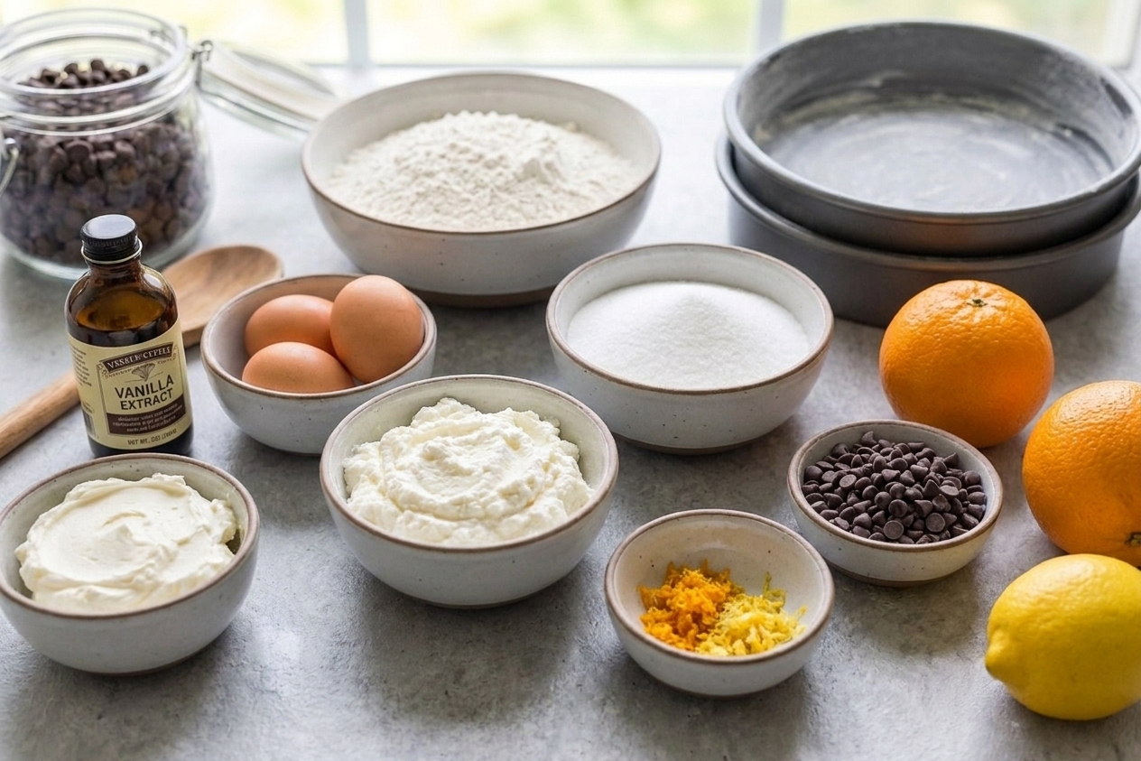 Measured ingredients for cannoli cake on a clean kitchen counter, including flour, sugar, eggs, ricotta, mascarpone, mini chocolate chips, vanilla, oranges or lemons for zest, and baking pans ready to use