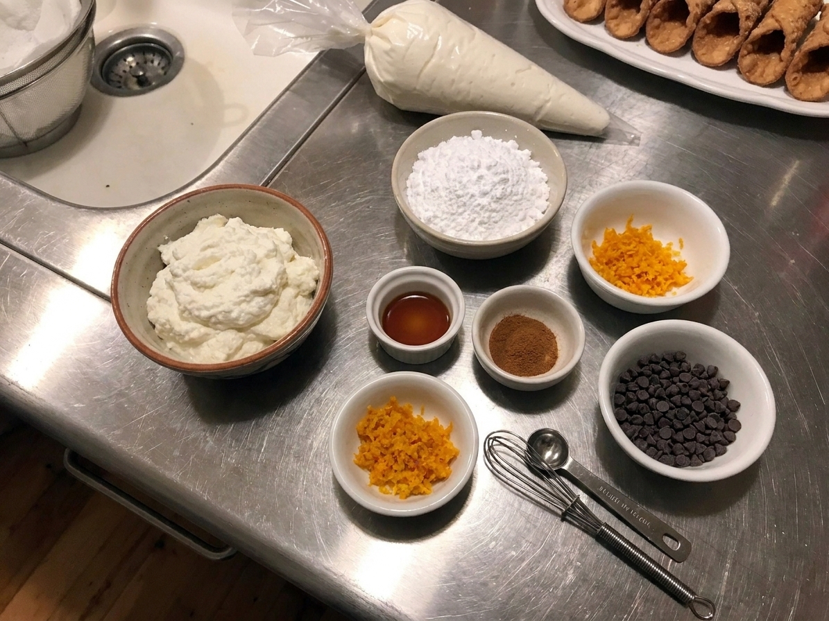 Measured ingredients for cannoli filling on a kitchen counter including ricotta, powdered sugar, vanilla extract, cinnamon, orange zest, and mini chocolate chips in small bowls