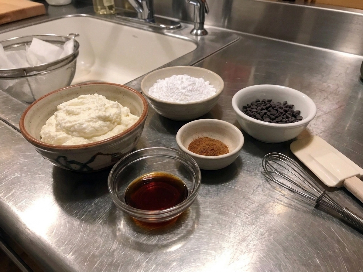Measured ingredients for cannoli filling on a kitchen counter including ricotta, powdered sugar, vanilla extract, cinnamon, and mini chocolate chips in small bowls
