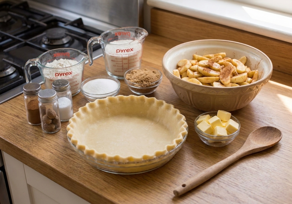 Measured ingredients for caramel apple pie on a clean kitchen counter, including sliced apples, flour, sugar, butter, spices, and an unbaked pie crust in a glass pie dish