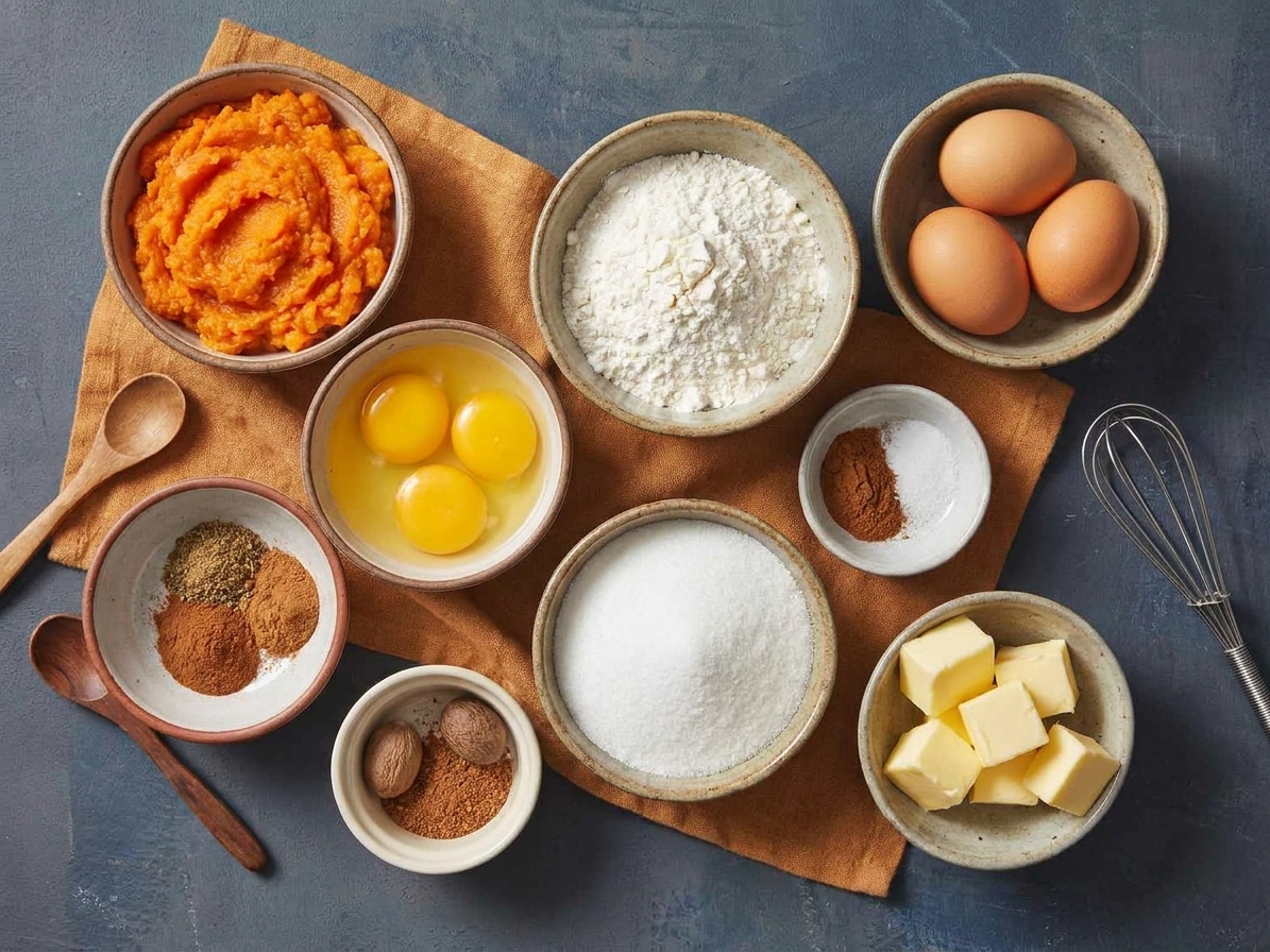 Measured ingredients for carrot soufflé in small bowls on a bright kitchen counter, including cooked carrots, eggs, flour, sugar, butter, and spices
