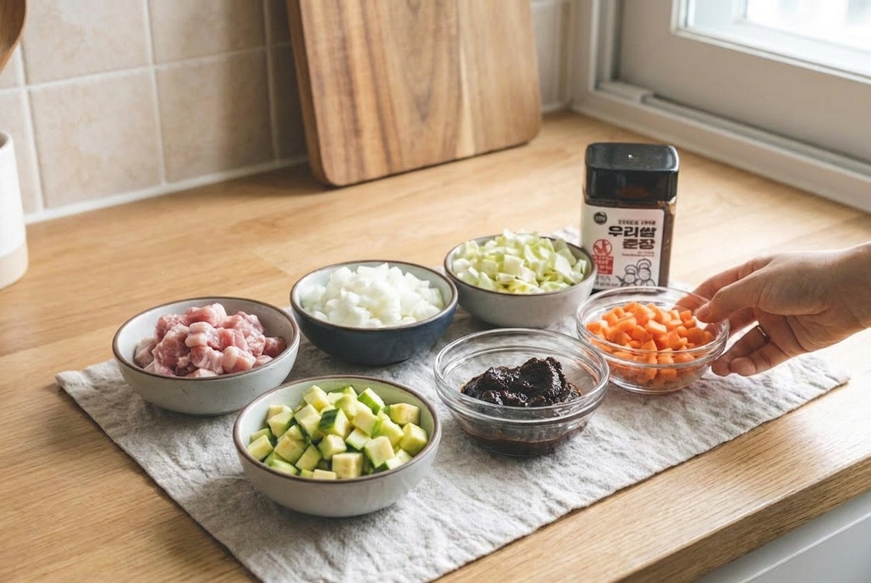 Measured ingredients for chajangmyeon including diced onion, zucchini, cabbage, carrot, pork, and a bowl of black bean paste arranged on a kitchen counter
