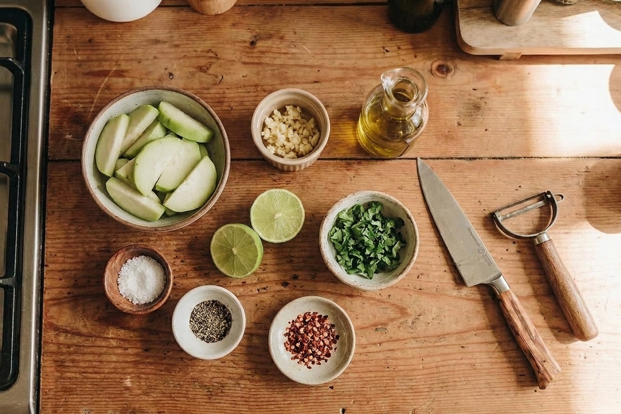 Measured ingredients for chayote sauté including sliced chayote, minced garlic, lime halves, chopped cilantro, olive oil, salt, pepper, and chili flakes arranged on a kitchen counter