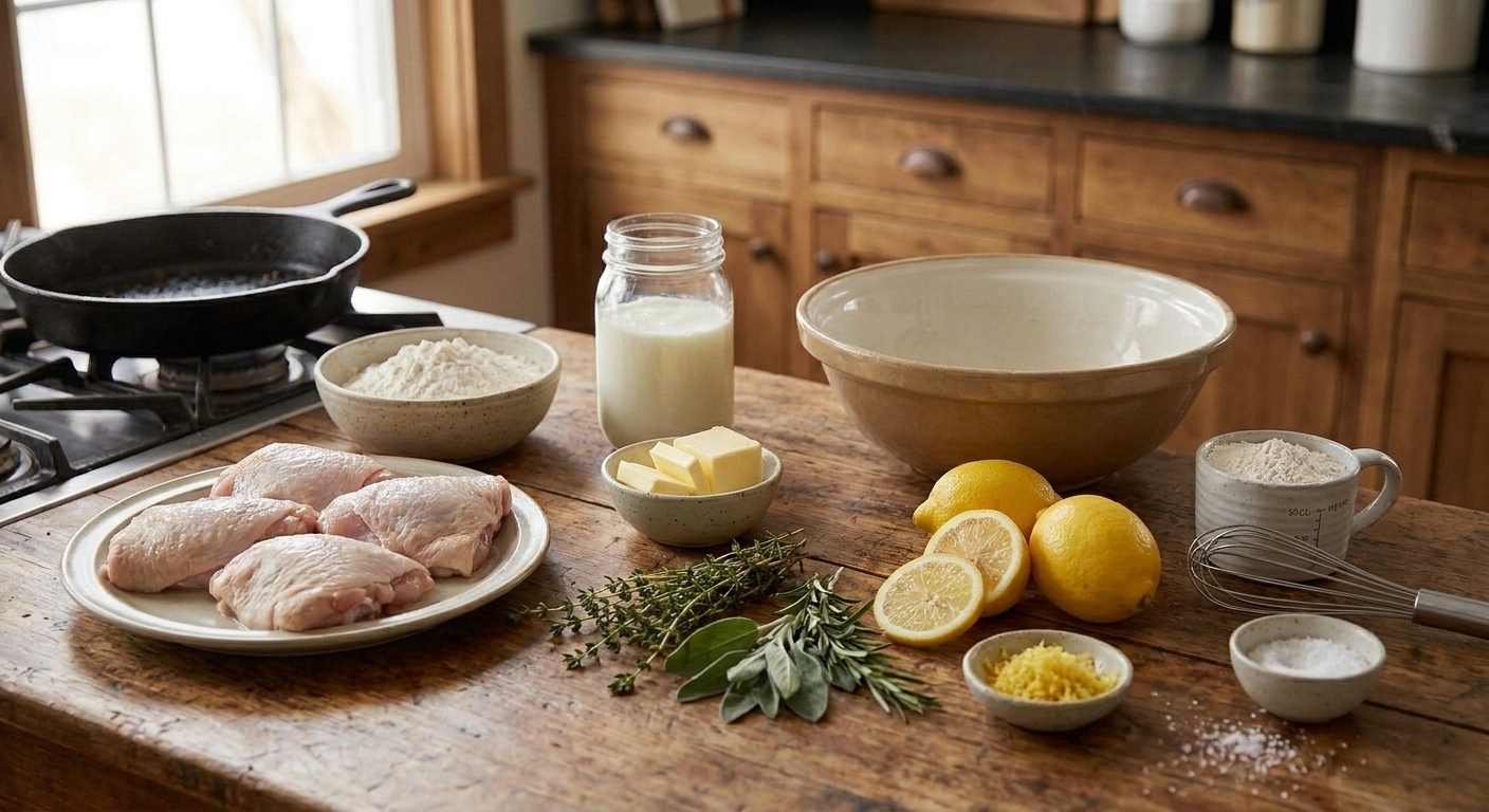 Measured ingredients for chicken and biscuits including lemon, fresh herbs, butter, flour, and chicken thighs arranged on a bright kitchen counter