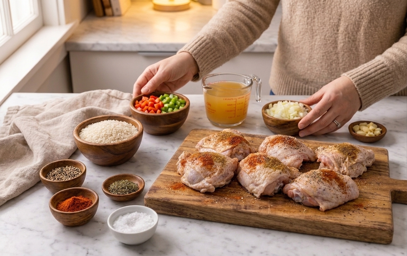 Measured ingredients for chicken and rice including chicken thighs, rice, bell peppers, onion, garlic, broth, and spices arranged on a kitchen counter