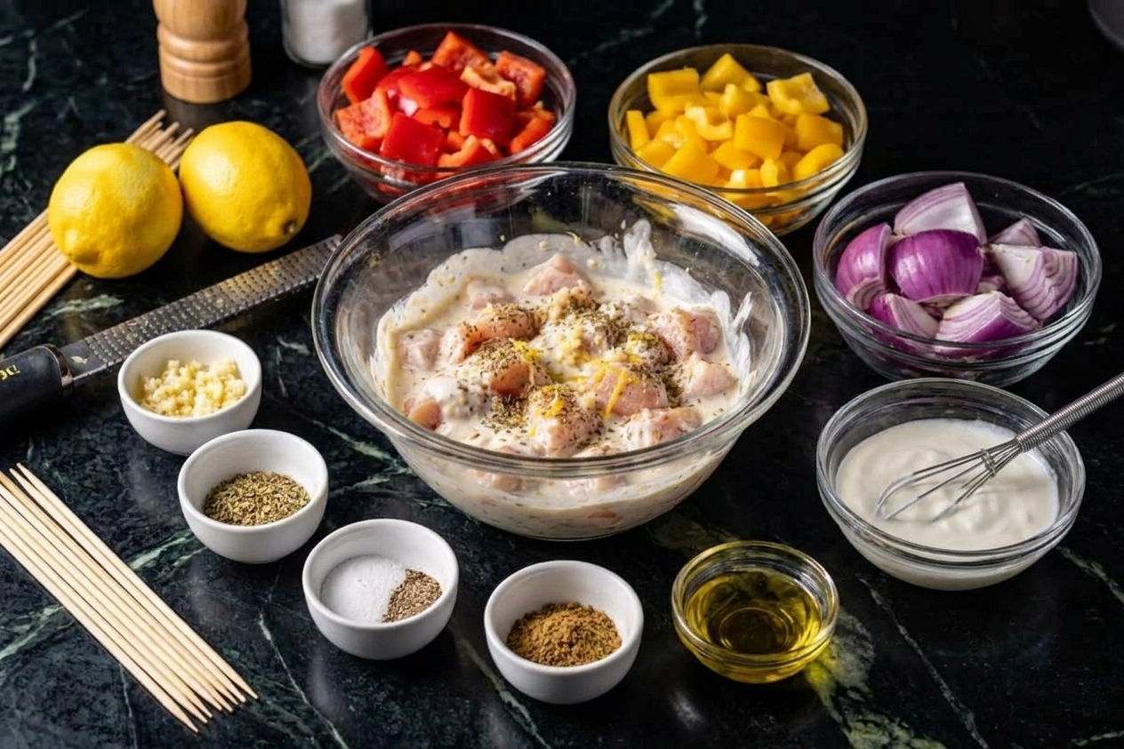 Measured ingredients for chicken kababs including cubed chicken, Greek yogurt, lemons, garlic, spices, and chopped vegetables arranged on a tidy kitchen counter