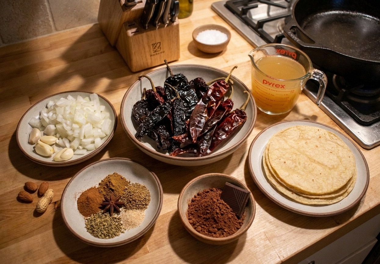 Measured ingredients for chicken mole on a tidy kitchen counter, including dried chiles, onions, garlic, spices, cocoa powder, broth, and tortillas