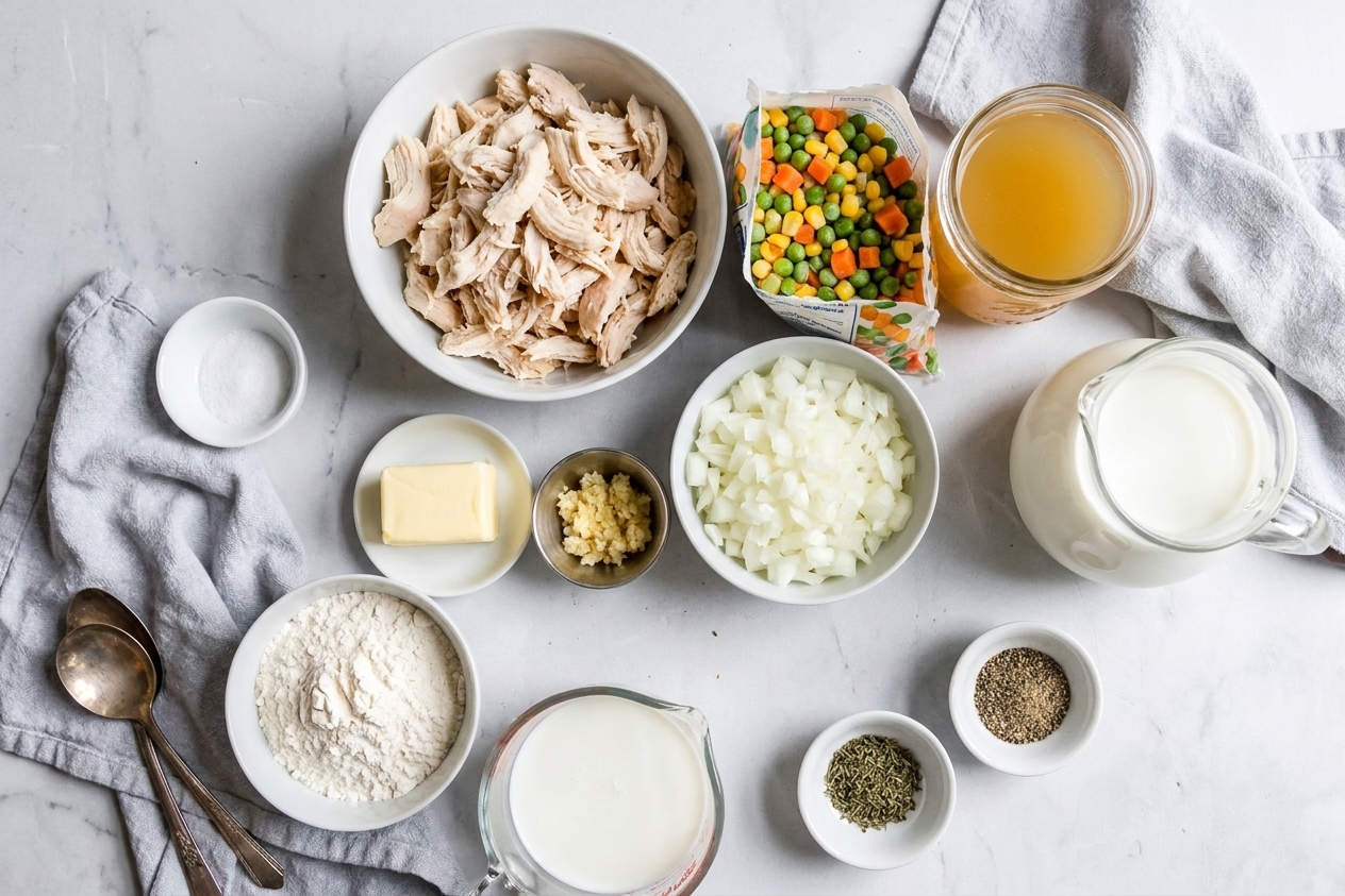 Measured ingredients for chicken pot pie casserole on a kitchen counter including shredded chicken, frozen mixed vegetables, onion, garlic, butter, flour, broth, milk, and seasonings