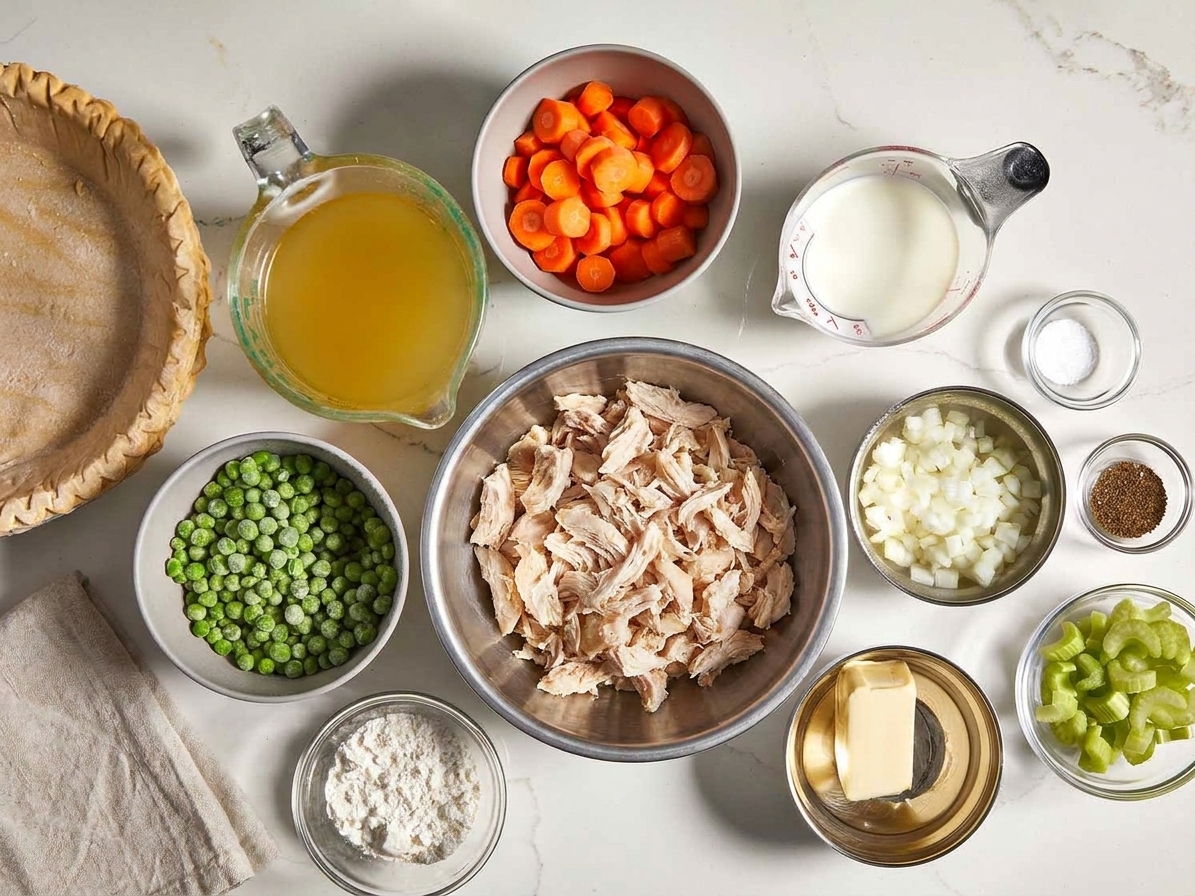 Measured ingredients for chicken pot pie on a bright kitchen counter, including shredded chicken, carrots, peas, celery, onion, chicken broth, milk, and a pie crust