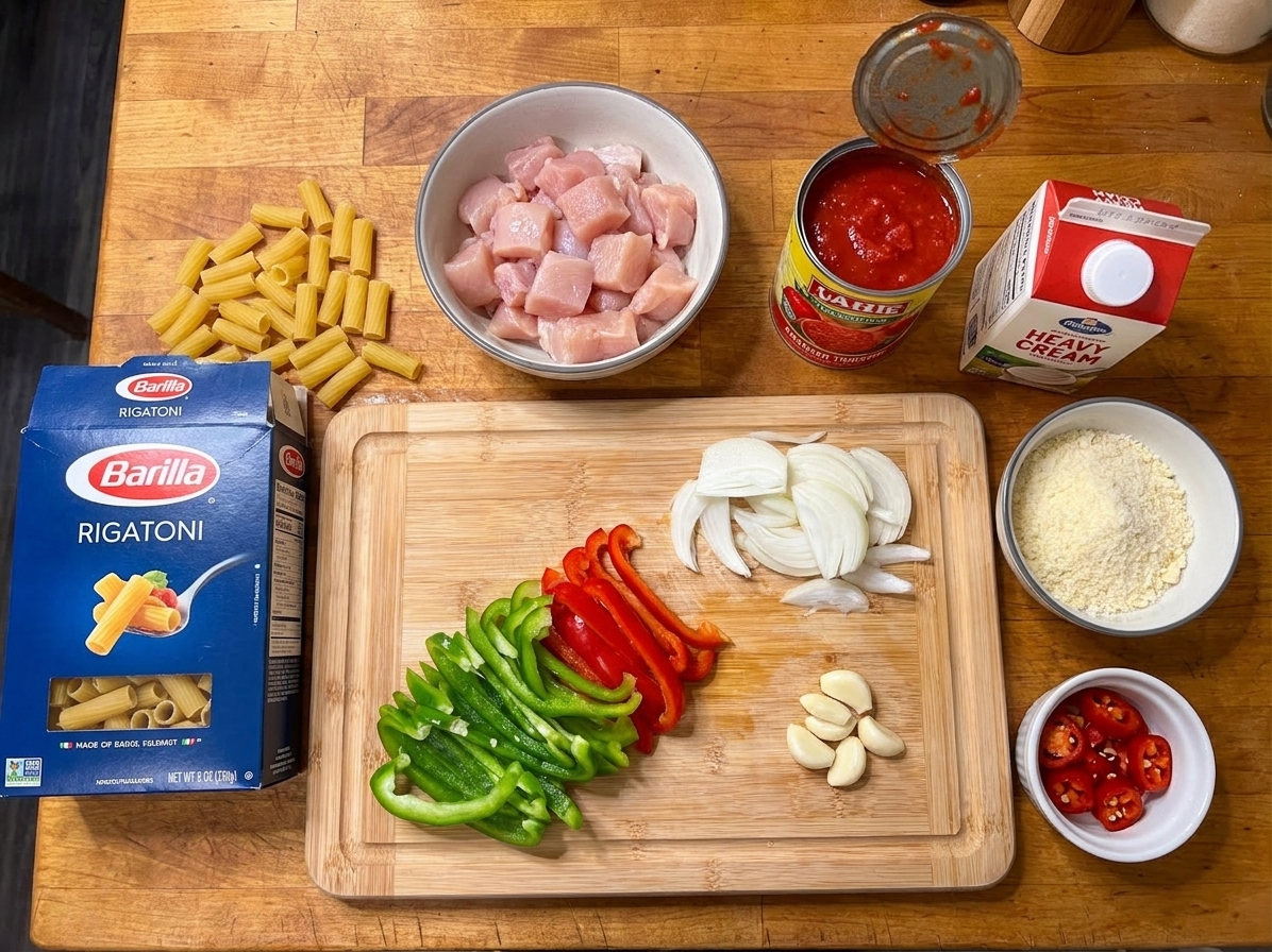 Measured ingredients for chicken riggies on a kitchen counter, including rigatoni, chicken, bell peppers, onions, garlic, canned tomatoes, cream, grated cheese, and a small bowl of sliced cherry peppers