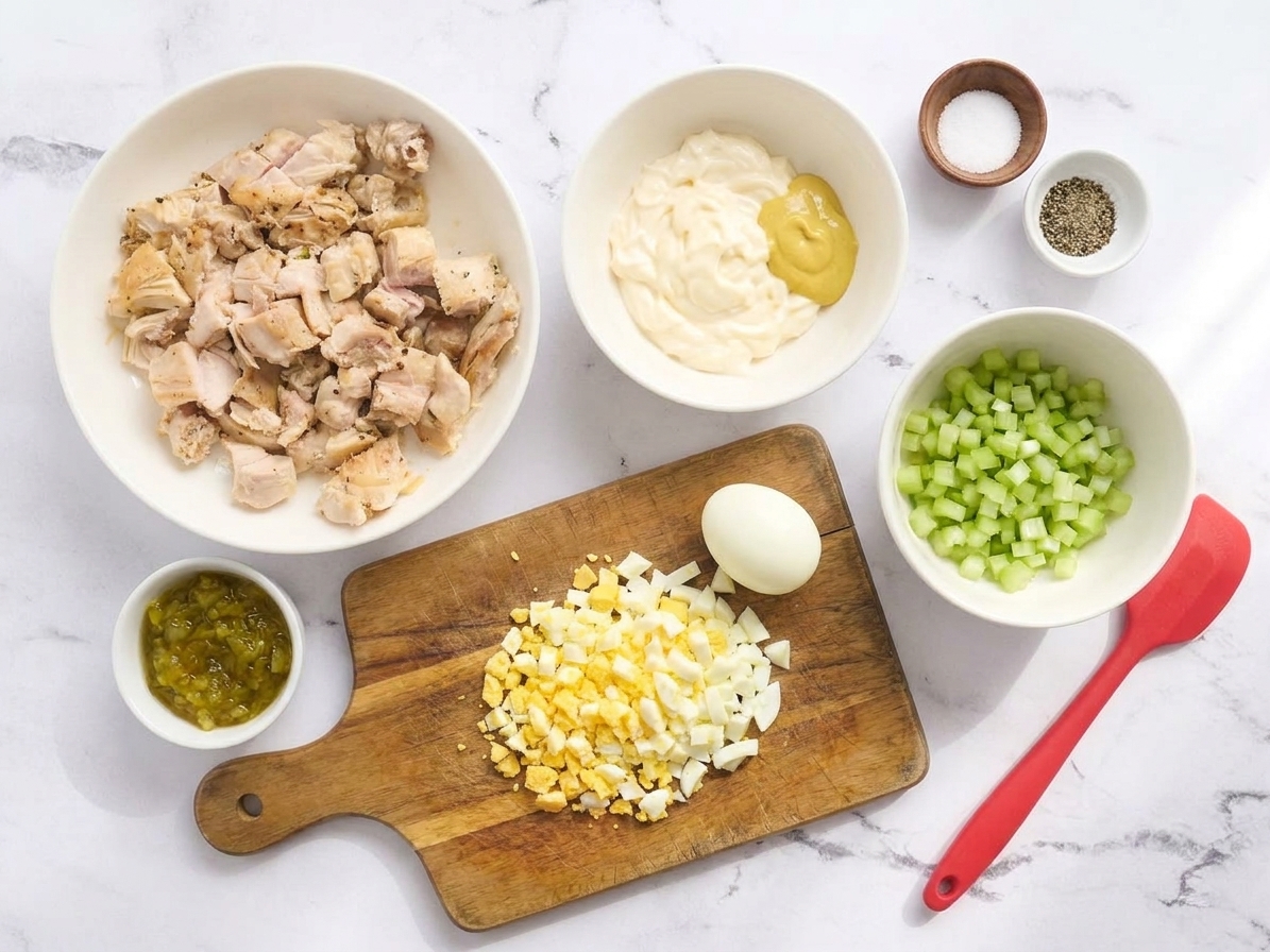 Measured ingredients for chicken salad arranged on a bright kitchen counter including chopped chicken, mayonnaise, celery, relish, eggs, and seasonings