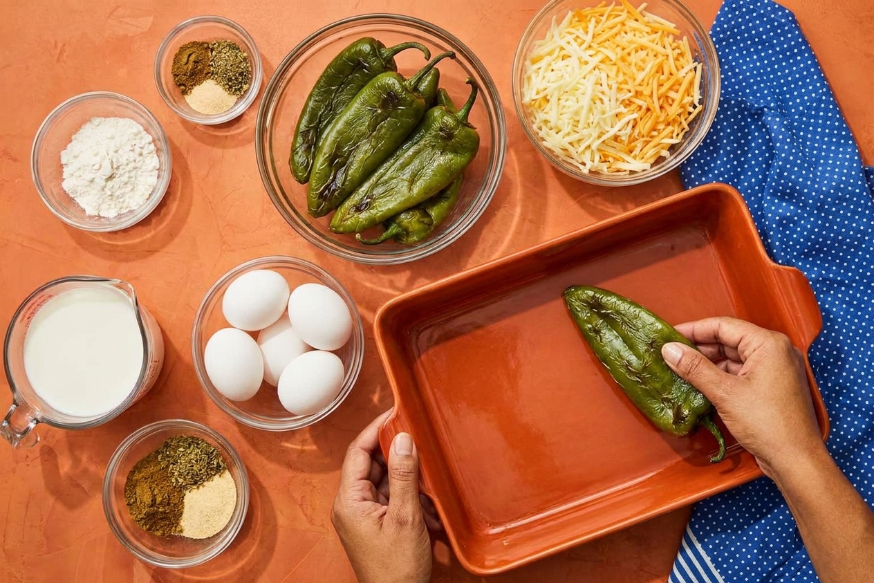 Measured ingredients for chile relleno casserole on a kitchen counter, including whole roasted green chiles, shredded cheese, eggs, milk, flour, spices, and a baking dish