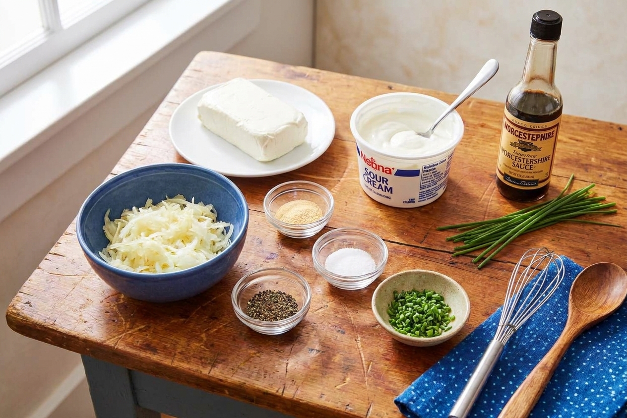 Measured ingredients for chip dip on a kitchen counter including sour cream, softened cream cheese, grated onion, garlic powder, Worcestershire sauce, salt, pepper, and fresh chives