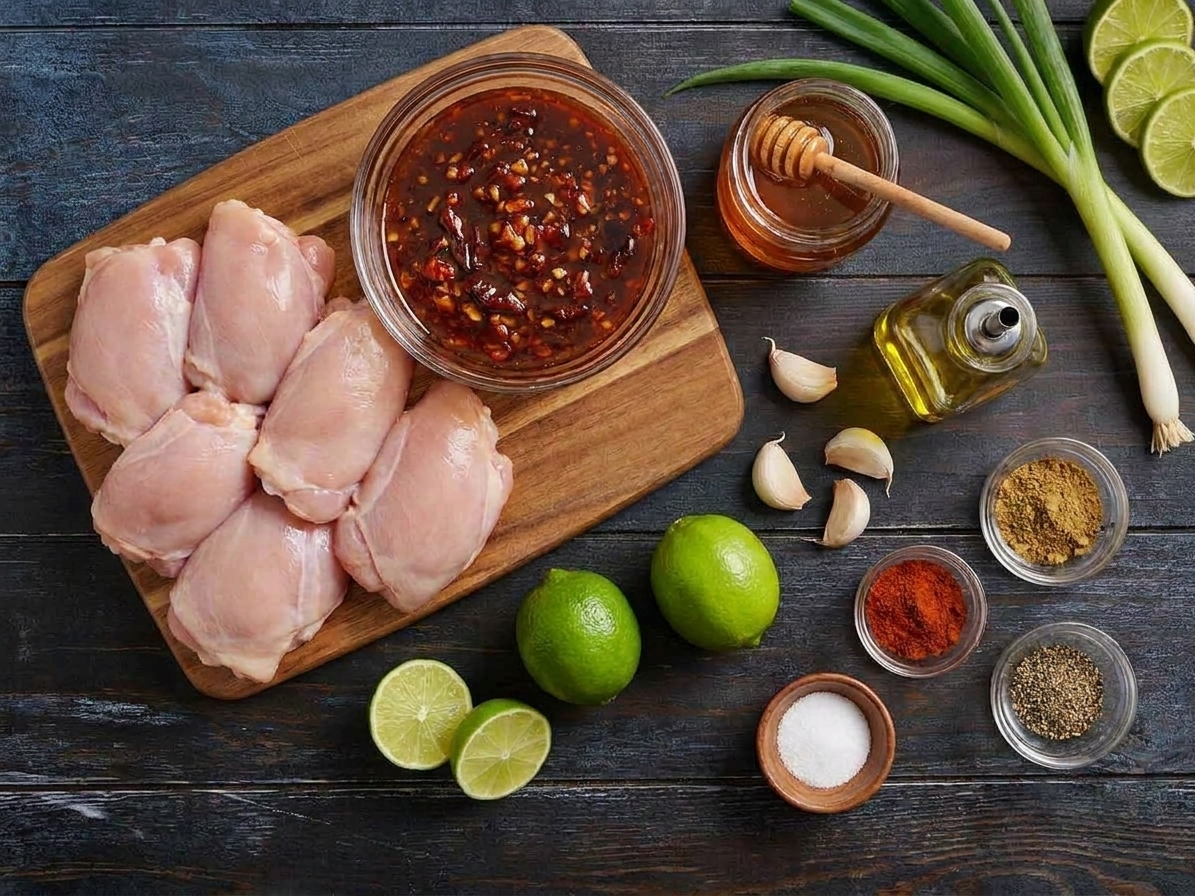 Measured ingredients for chipotle honey chicken on a wooden counter including chicken thighs, honey, chipotle peppers in adobo, lime, garlic, spices, and olive oil