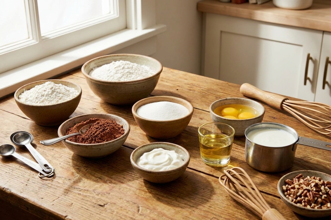 Measured ingredients for chocolate bundt cake on a wooden counter, including flour, cocoa powder, sugar, eggs, sour cream, oil, and buttermilk in small bowls under soft kitchen lighting