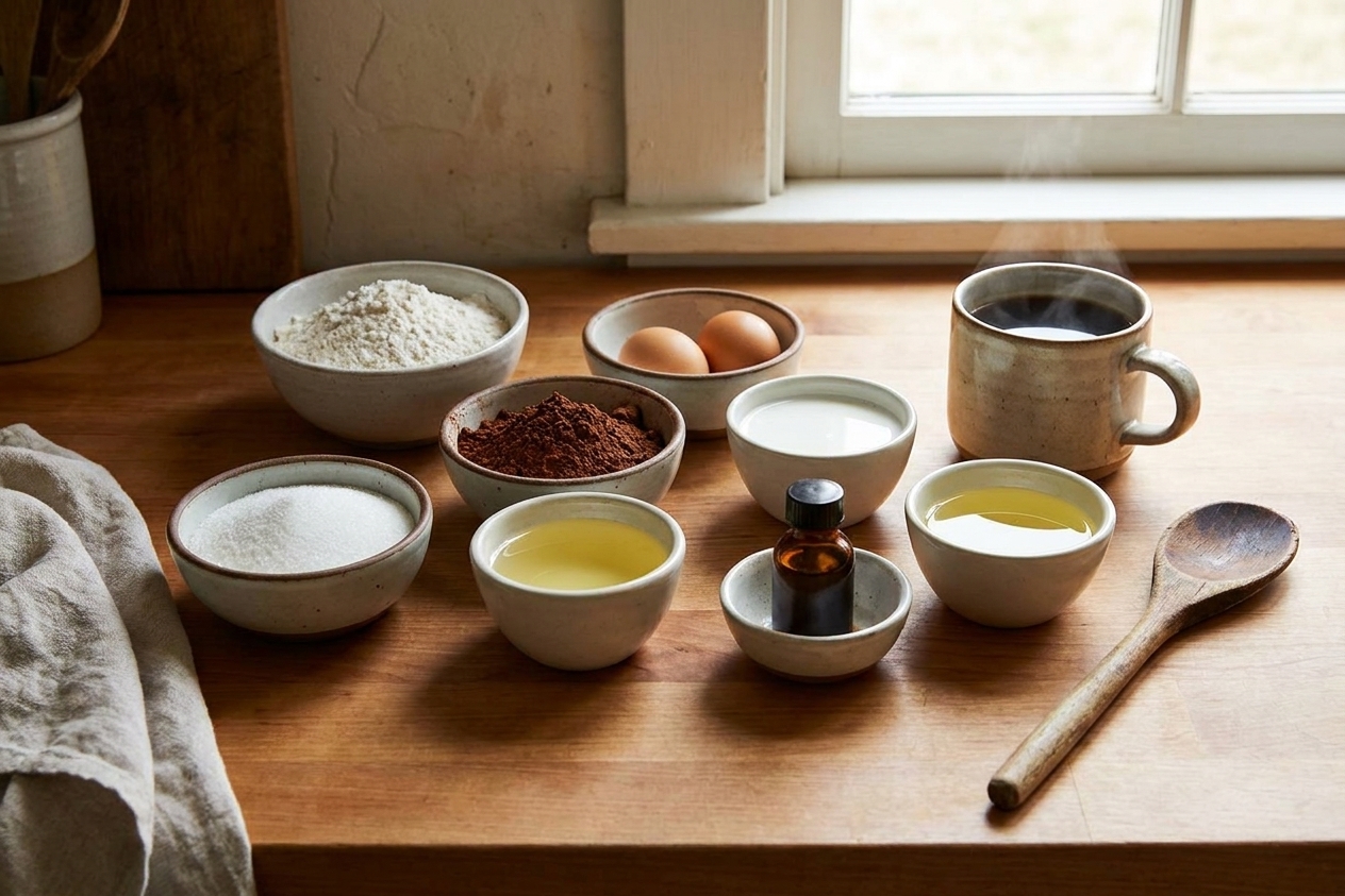 Measured ingredients for chocolate cake in small bowls including flour, cocoa powder, sugar, eggs, milk, oil, vanilla, and a mug of hot coffee on a warm kitchen counter