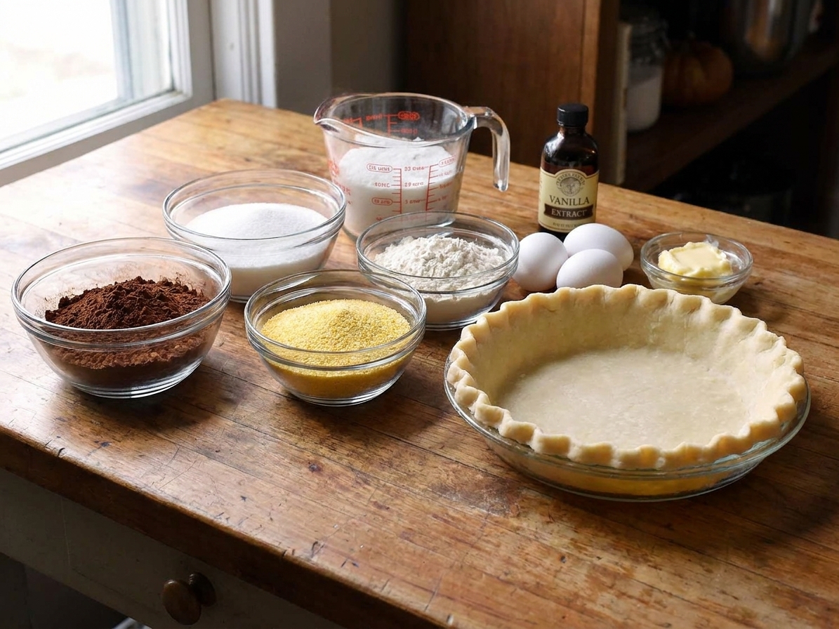 Measured ingredients for chocolate chess pie on a kitchen counter, including cocoa powder, sugar, eggs, butter, vanilla, cornmeal, flour, and an unbaked pie crust