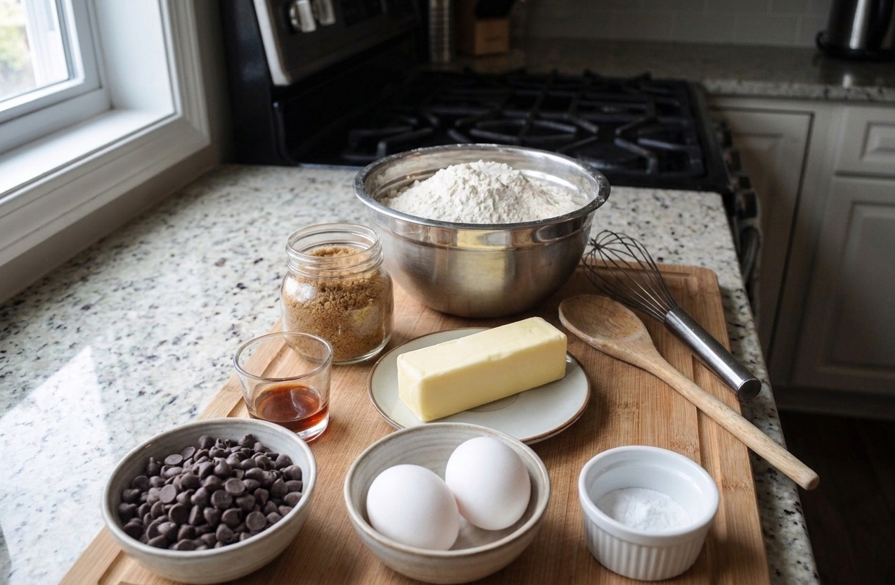 Measured ingredients for chocolate chip cookie bars on a kitchen counter, including flour, brown sugar, butter, eggs, vanilla, chocolate chips, and baking soda