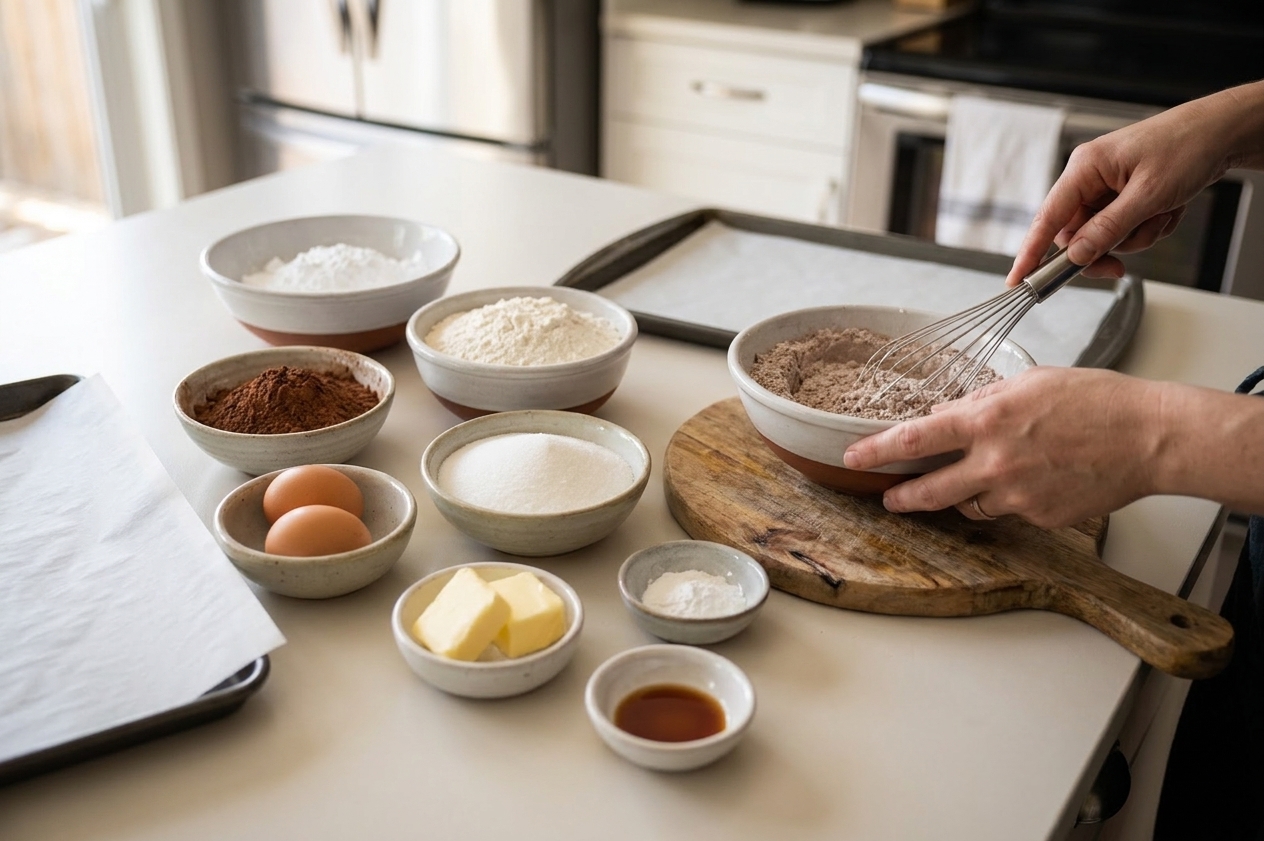 Measured ingredients for chocolate crinkle cookies on a tidy kitchen counter including cocoa powder, flour, sugar, eggs, butter, baking powder, vanilla, and powdered sugar