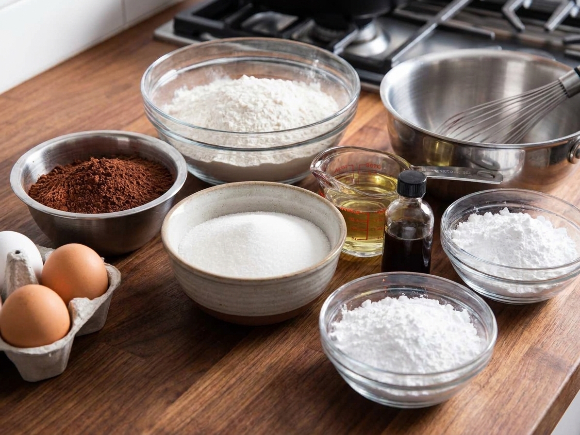 Measured ingredients for chocolate crinkle cookies arranged on a kitchen counter, including cocoa powder, flour, sugar, eggs, oil, vanilla, and bowls of powdered sugar