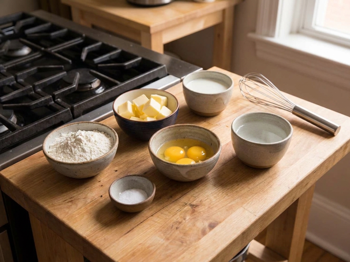 Measured ingredients for choux pastry on a tidy kitchen counter, including flour, butter, eggs, milk, and water in small bowls