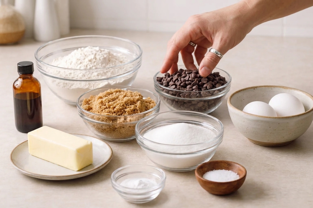 Measured ingredients for classic chocolate chip cookies on a kitchen counter, including flour, brown sugar, white sugar, butter, eggs, vanilla, baking soda, salt, and chocolate chips