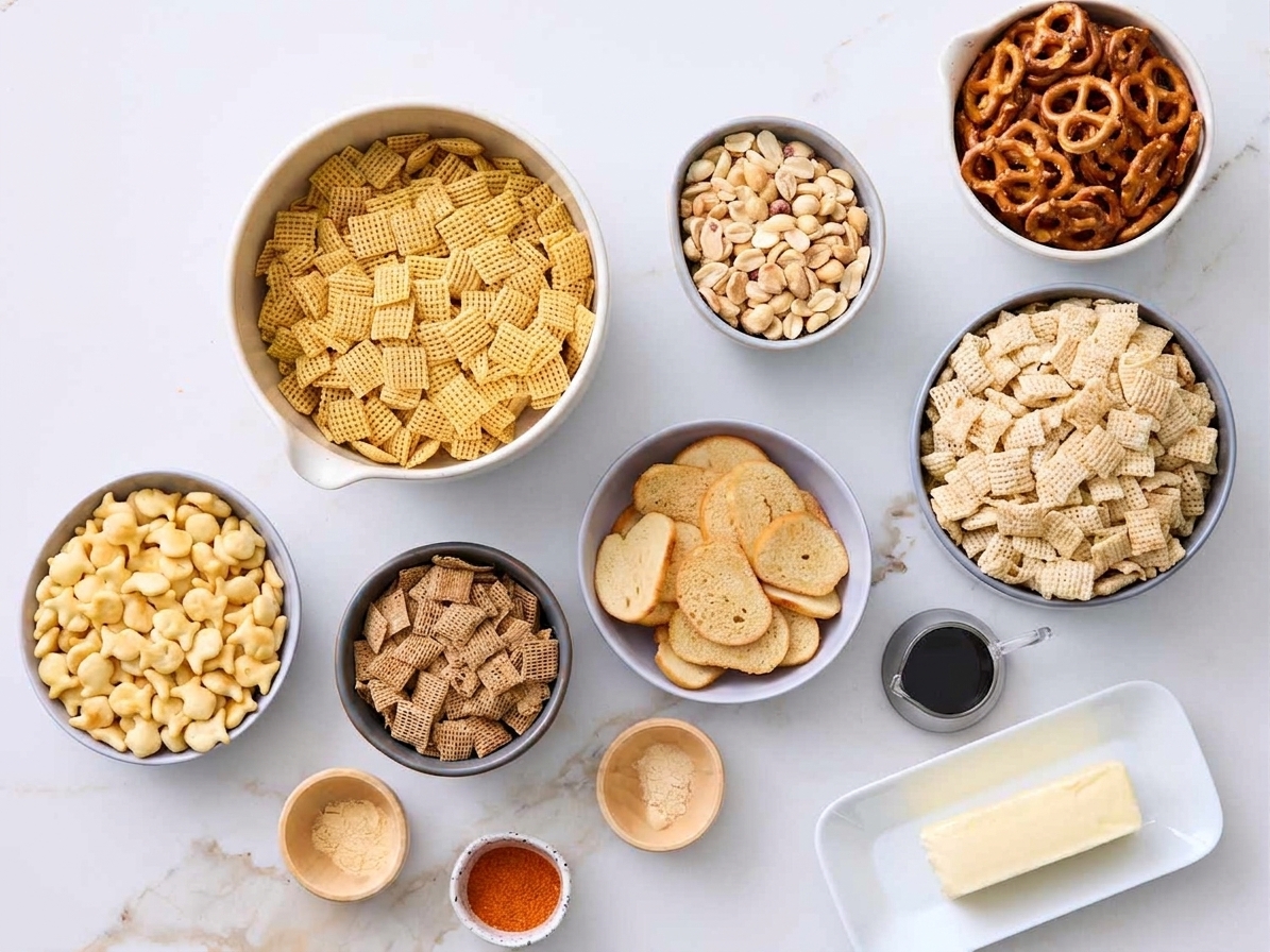 Measured ingredients for classic homemade Chex Mix including Rice Chex, Corn Chex, Wheat Chex, pretzels, bagel chips, mixed nuts, butter, Worcestershire sauce, and seasonings on a clean kitchen counter
