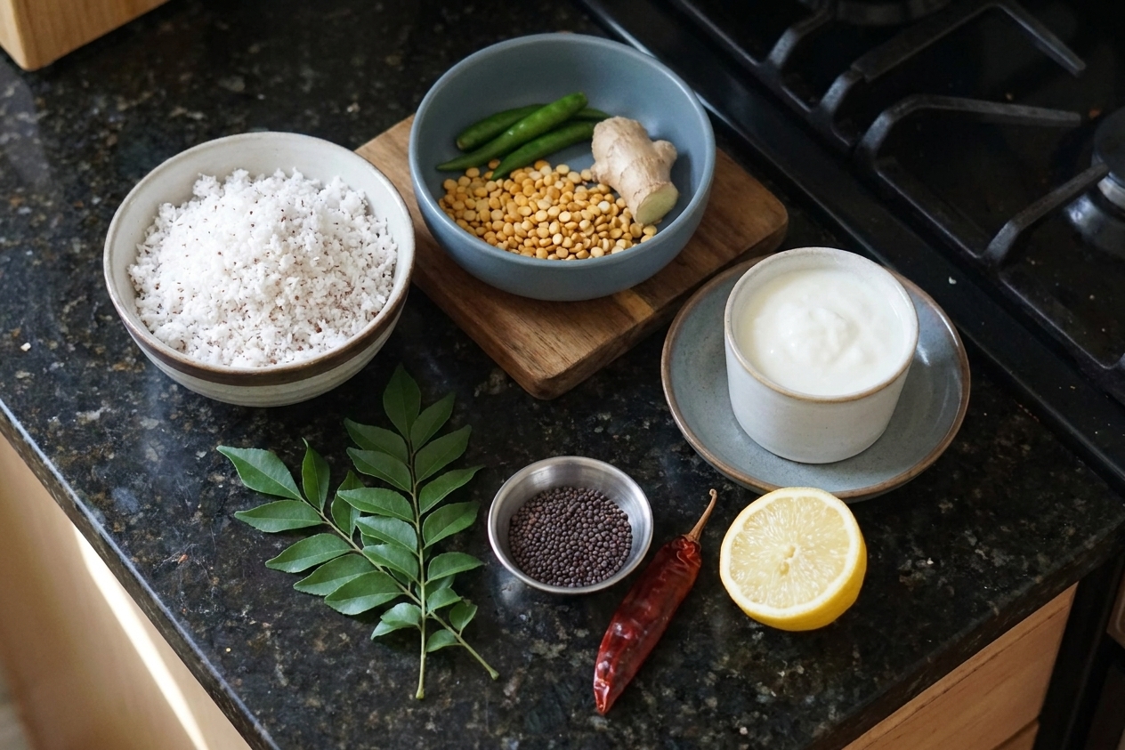 Measured ingredients for coconut chutney on a kitchen counter including grated coconut, roasted chana dal, green chiles, ginger, yogurt, curry leaves, mustard seeds, dried red chile, and lemon