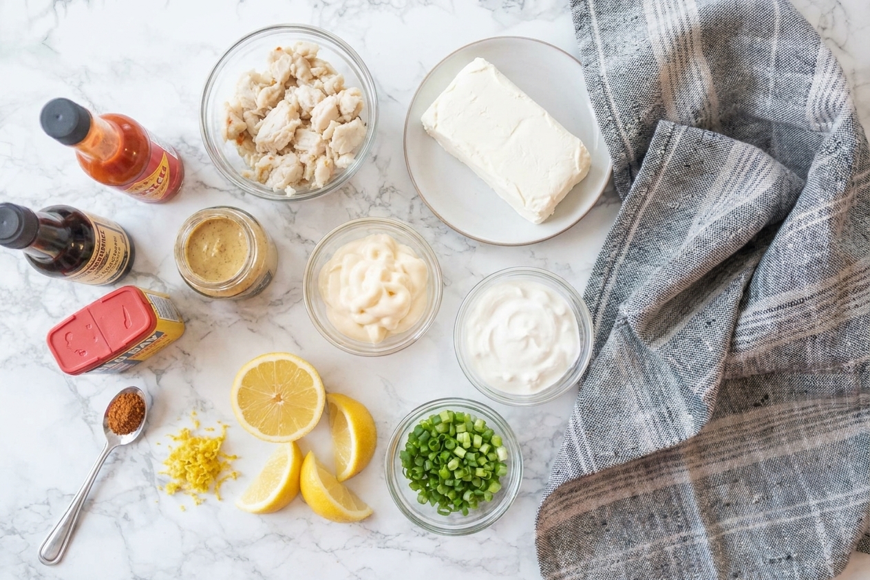 Measured ingredients for cold crab dip on a clean kitchen counter including lump crab meat, cream cheese, mayonnaise, sour cream, lemon, Dijon mustard, Old Bay, hot sauce, Worcestershire, and green onions