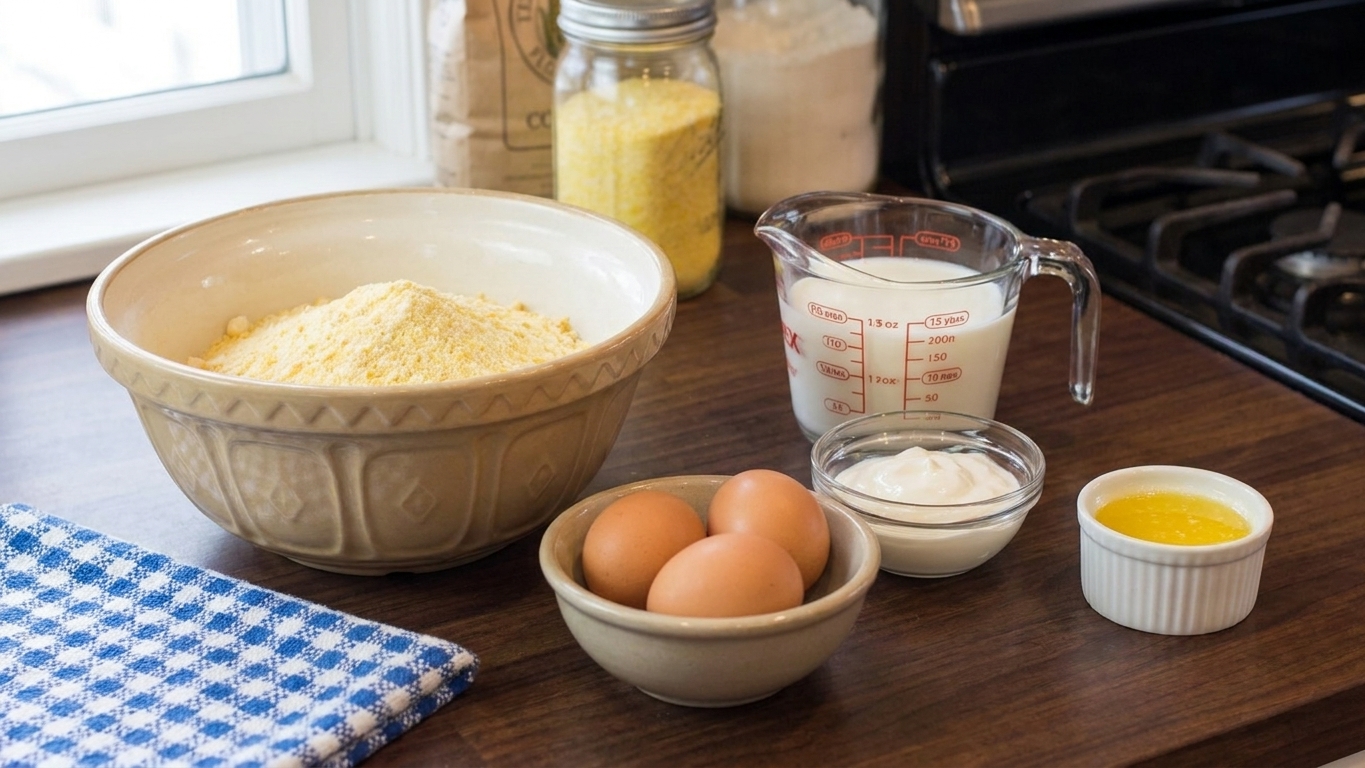 Measured ingredients for corn muffins on a bright kitchen counter, including corn muffin mix, eggs, milk, sour cream, and a small bowl of melted butter