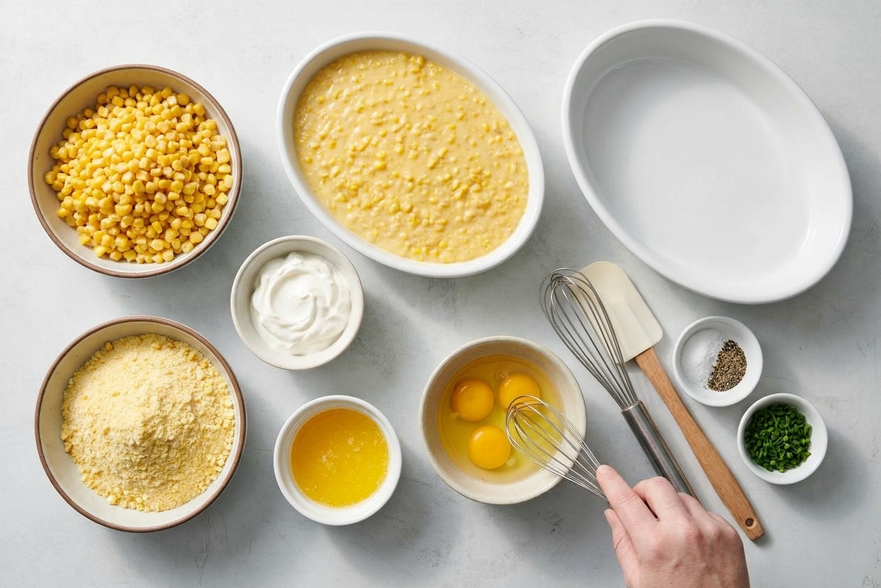 Measured ingredients for corn soufflé casserole on a clean kitchen counter, including bowls of corn, creamed corn, corn muffin mix, sour cream, melted butter, eggs, and seasonings