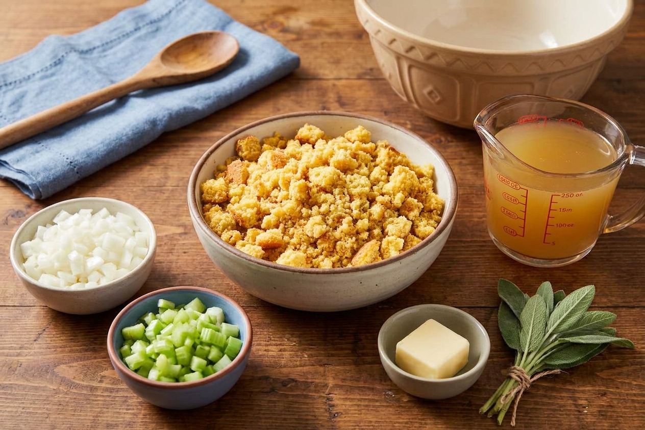 Measured ingredients for cornbread dressing including crumbled cornbread, diced onions, diced celery, butter, sage, and broth on a kitchen counter
