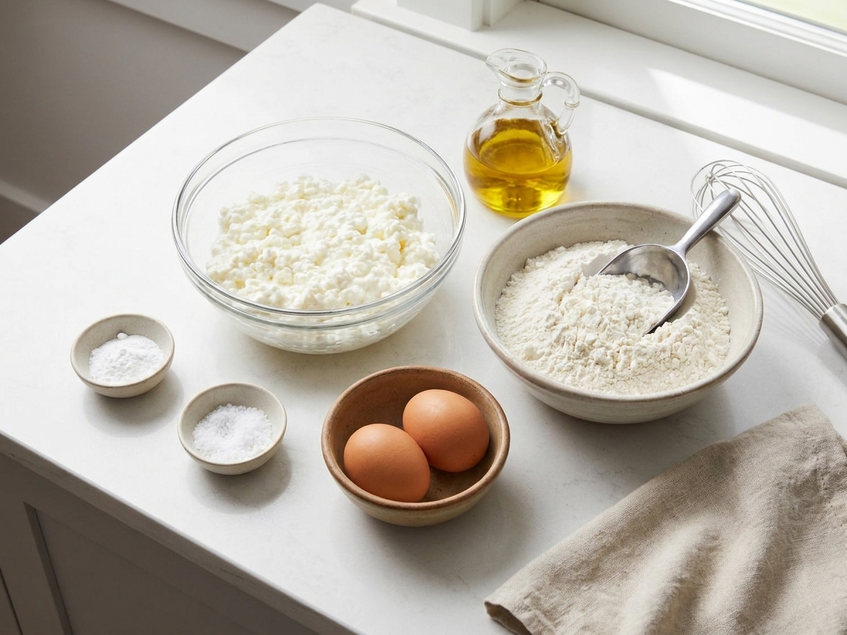 Measured ingredients for cottage cheese bread including cottage cheese, flour, eggs, baking powder, salt, and oil arranged on a clean kitchen counter in natural light
