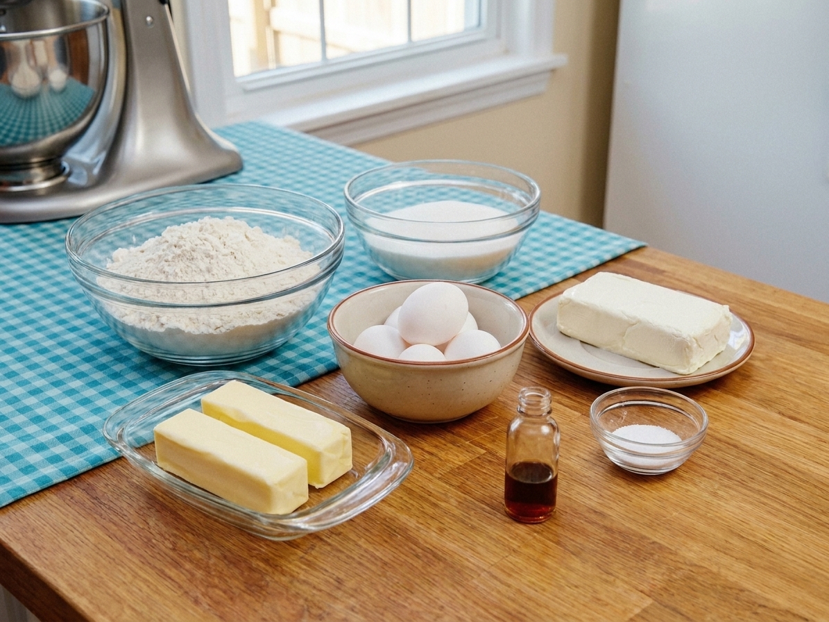 Measured ingredients for cream cheese pound cake on a tidy kitchen counter, including flour, sugar, eggs, butter, cream cheese, vanilla, and salt