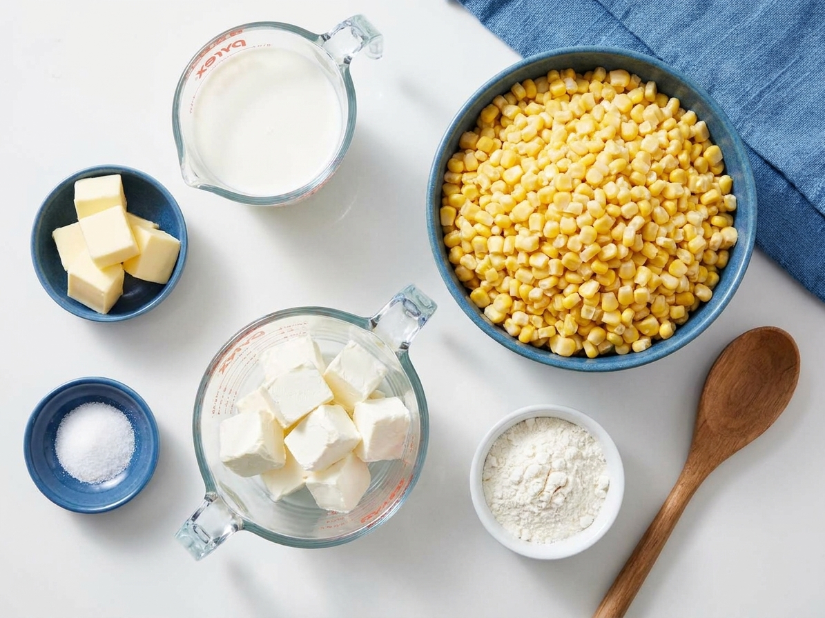Measured ingredients for cream-style corn including corn kernels, butter, milk, cream cheese, sugar, flour, and salt arranged on a bright kitchen counter