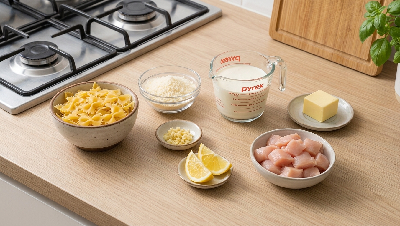 Measured ingredients for creamy bow tie pasta including farfalle, grated Parmesan, minced garlic, lemon, cream, butter, and diced chicken on a tidy countertop