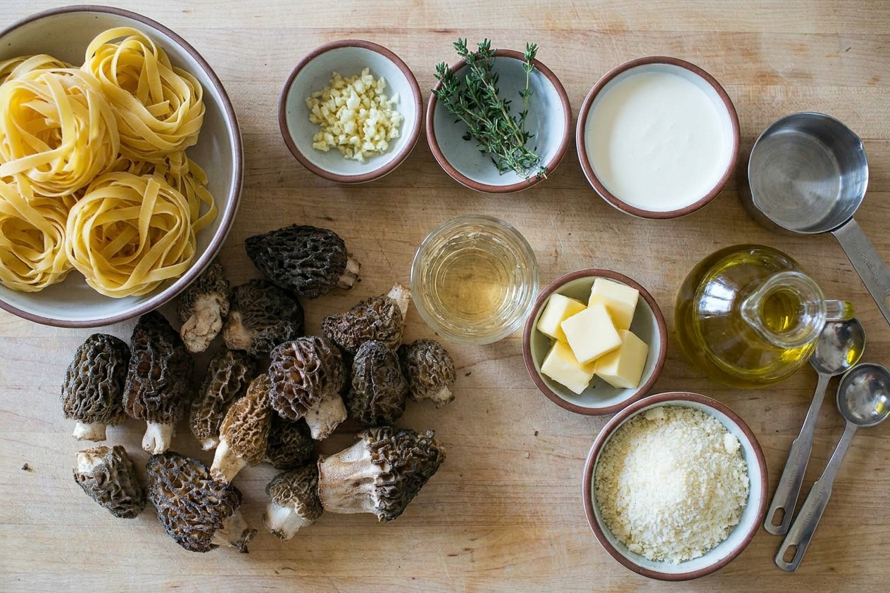 Measured ingredients for creamy morel pasta on a kitchen counter including morel mushrooms, pasta, garlic, thyme, cream, white wine, butter, olive oil, and Parmesan