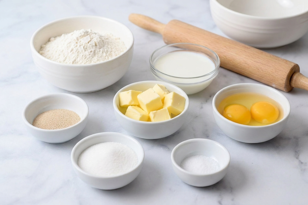 Measured ingredients for crescent dinner rolls on a bright kitchen counter including flour, yeast, milk, butter, sugar, eggs, and salt in small bowls
