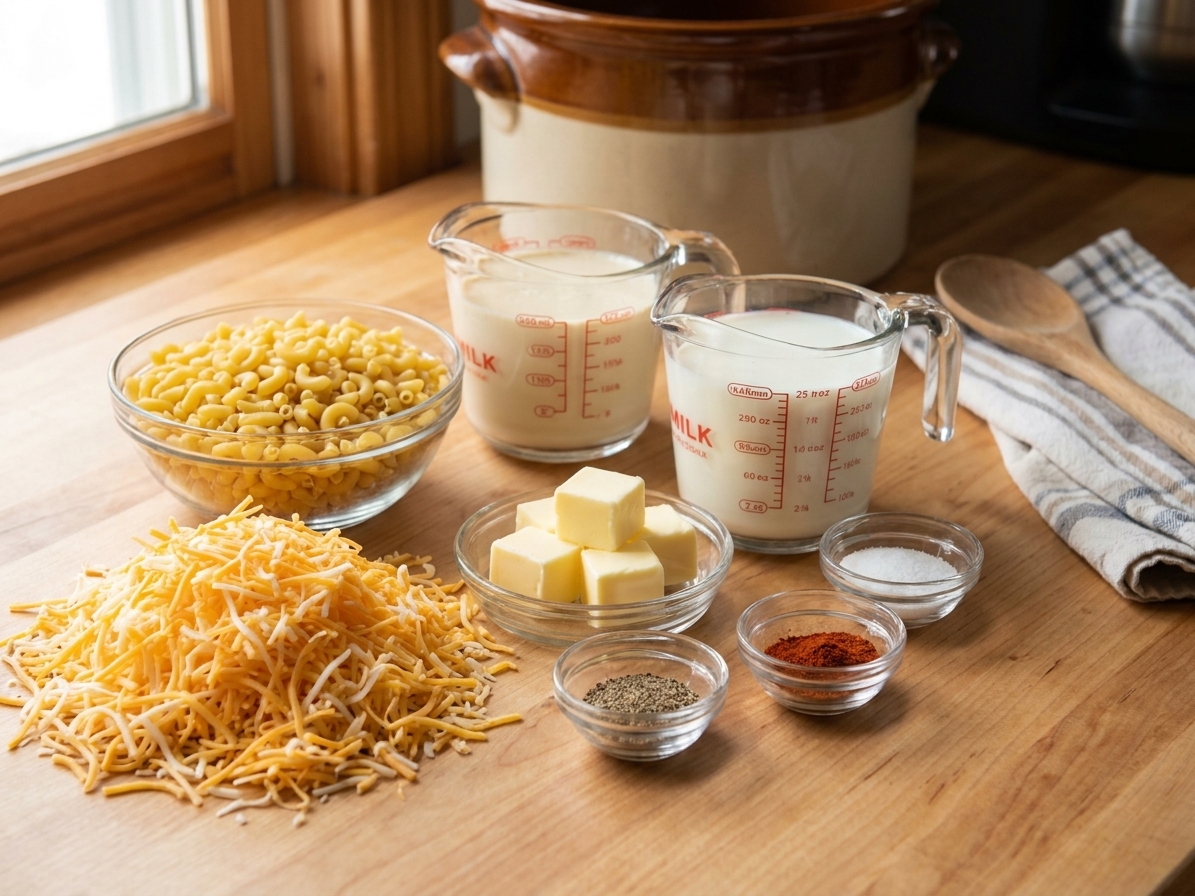Measured ingredients for crock pot mac and cheese including dry elbow macaroni, shredded cheddar, evaporated milk, milk, butter, and seasonings arranged on a kitchen counter