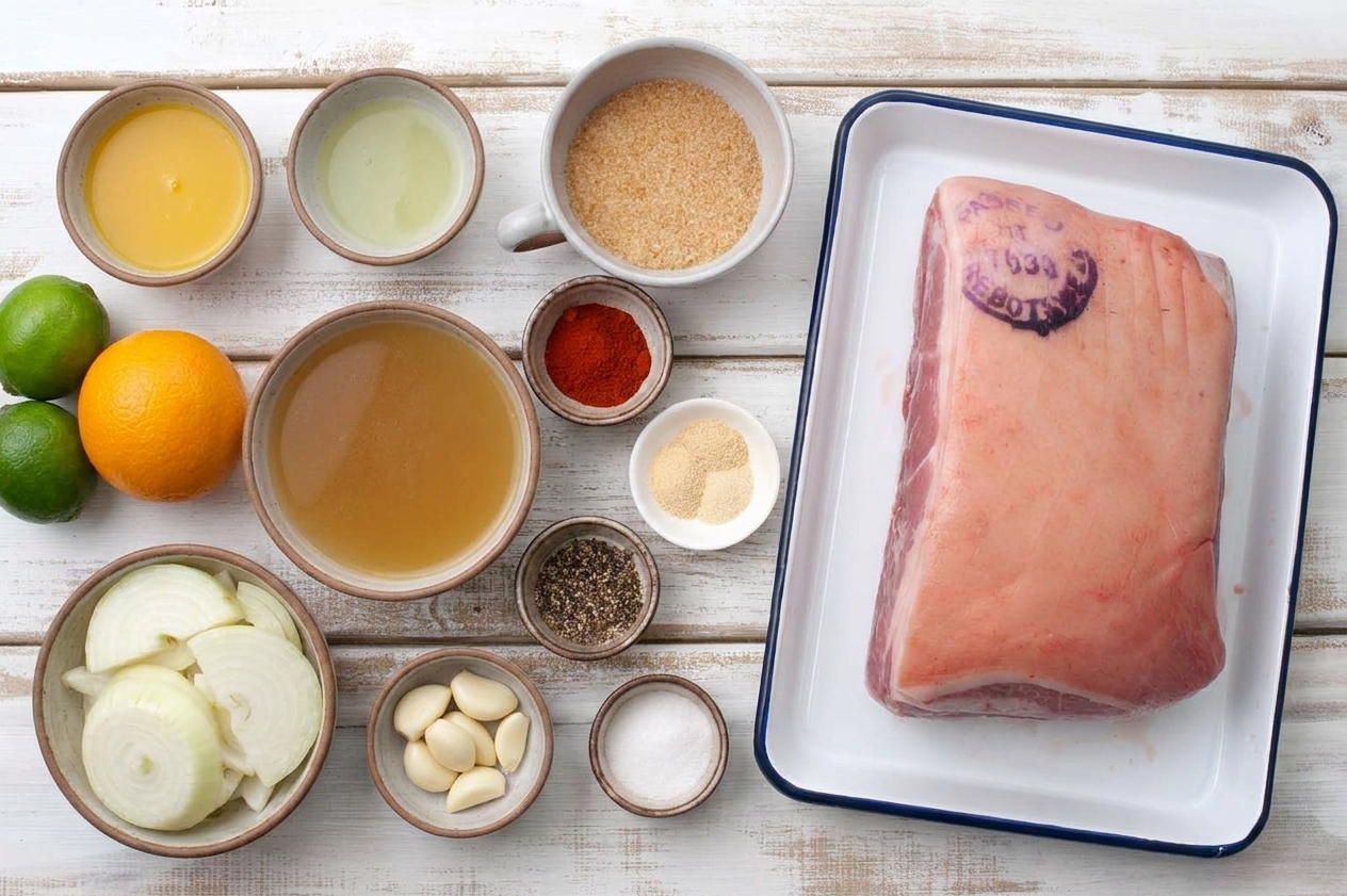 Measured ingredients for crock pot pork shoulder including orange juice, lime juice, broth, spices, sliced onion, and garlic arranged on a kitchen counter