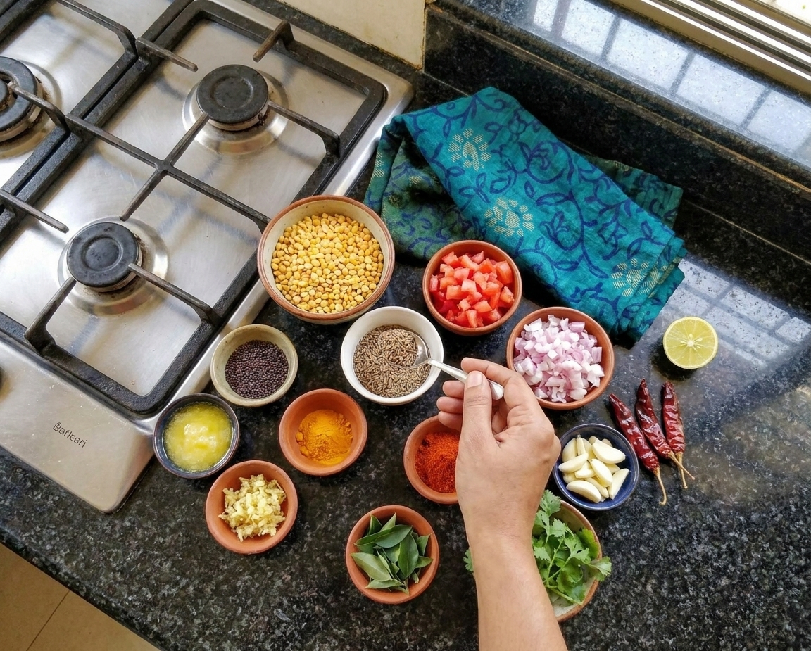 Measured ingredients for dal tadka on a kitchen counter including lentils, tomatoes, onion, garlic, ginger, spices, cilantro, lemon, and ghee