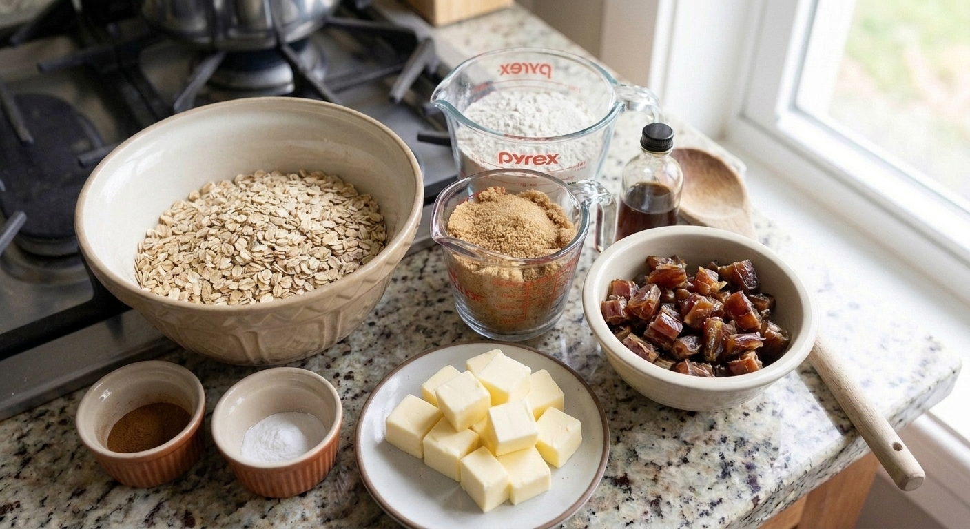 Measured ingredients for date bars on a clean kitchen counter including rolled oats, flour, brown sugar, butter, chopped dates, baking soda, cinnamon, and vanilla