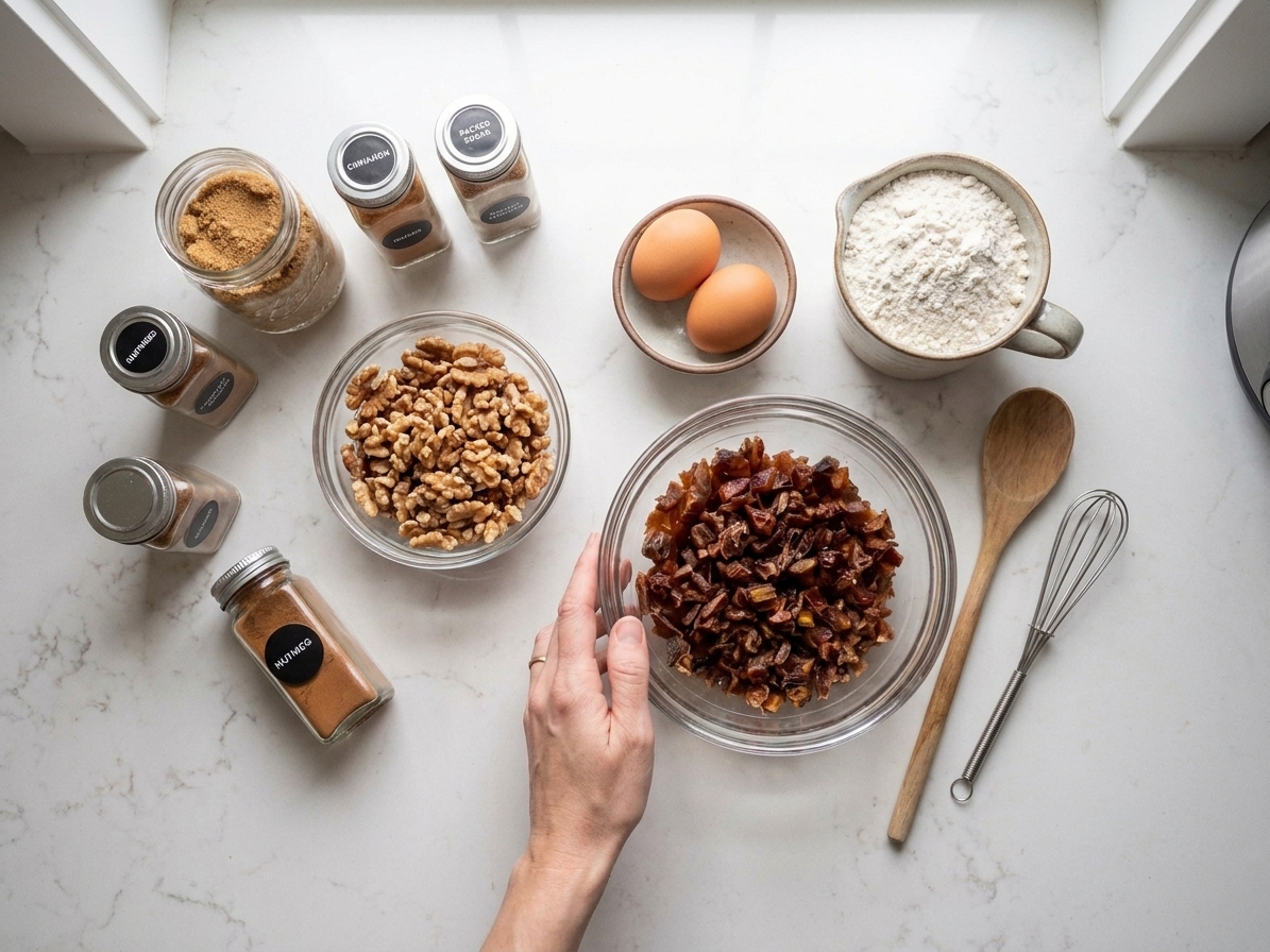 Measured ingredients for date nut bread on a light stone countertop, including chopped dates, walnuts, flour, eggs, brown sugar, and spices