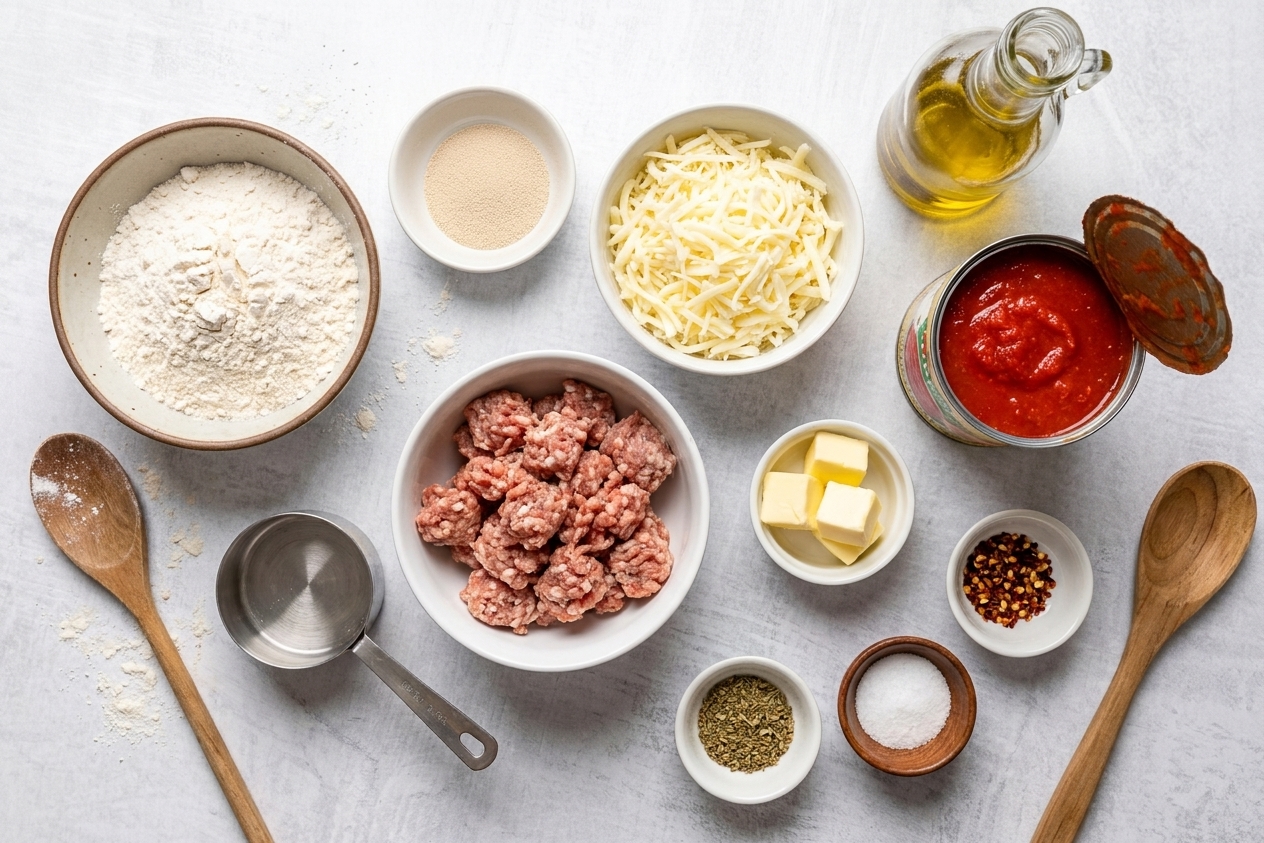 Measured ingredients for deep dish pizza on a warm kitchen counter, including flour, yeast, mozzarella, canned tomatoes, Italian sausage, butter, olive oil, and spices